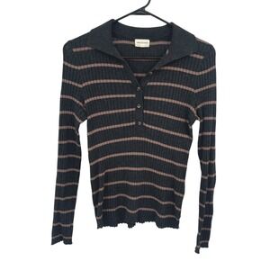 Ribbed Henley Long Sleeve‎ Top S Charcoal Mocha Stripe Y2K Indie Fitted Grunge